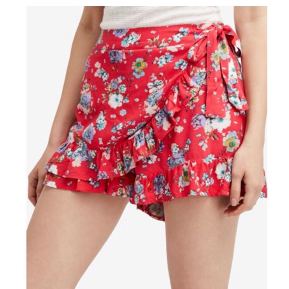 NWOT Free People Red Ruffle Floral Shorts - Picture 1 of 5